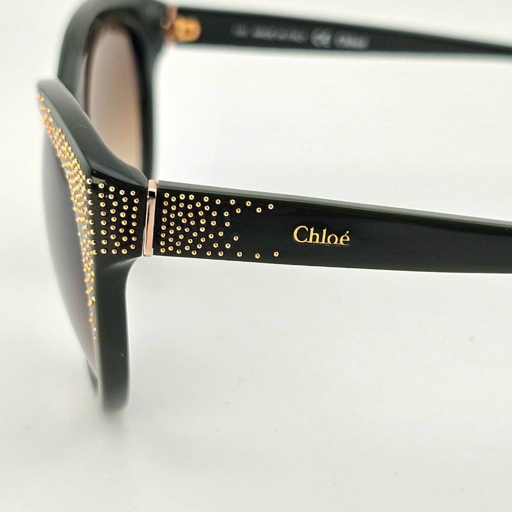 Chloé Caspia Cat Eye Sunglasses Dark Green Gold Micro Stud Brown Gradient Lens - Picture 7 of 16